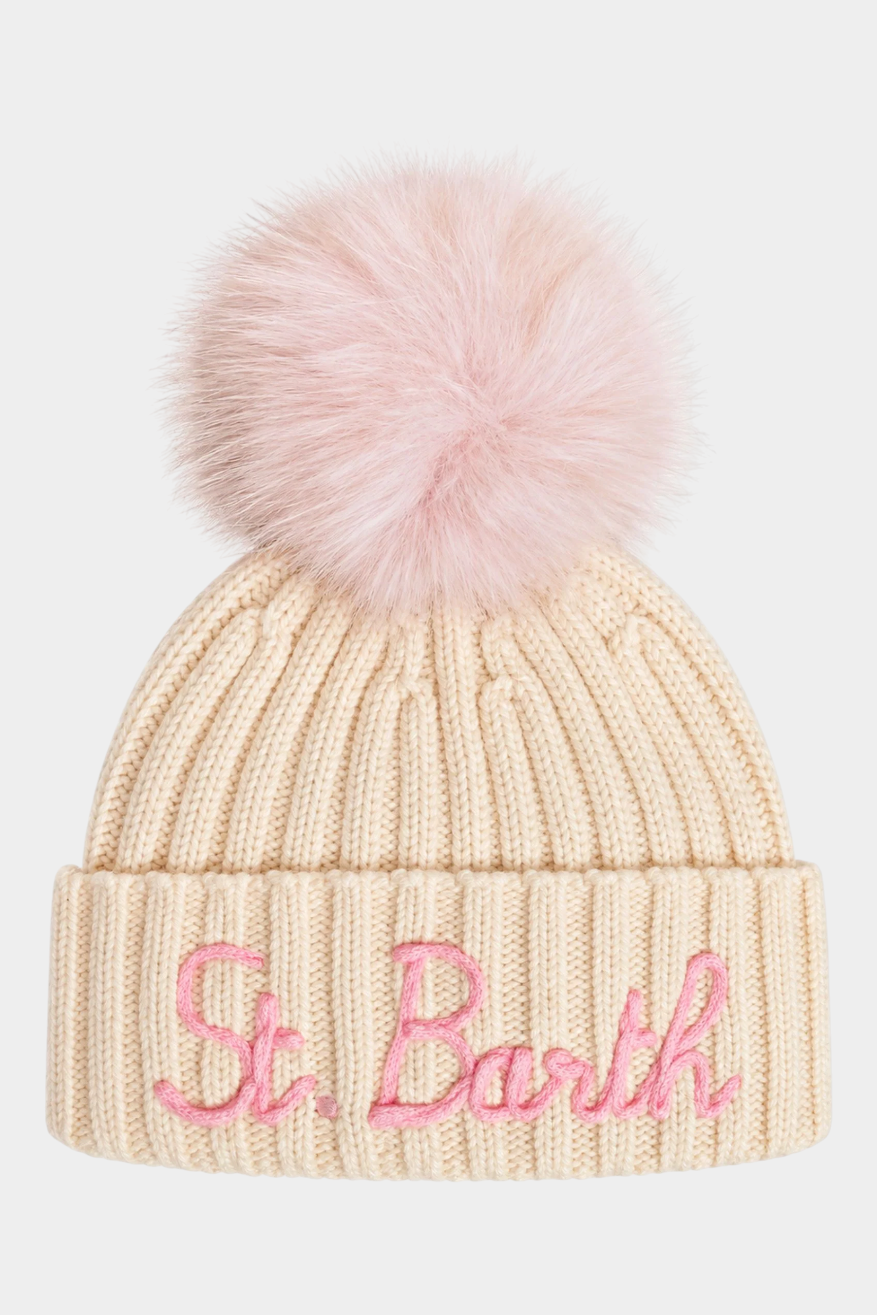 Berretto Follower SRL Wengen avorio a costine con ricamo rosa e pompon in pelliccia sintetica per bambina