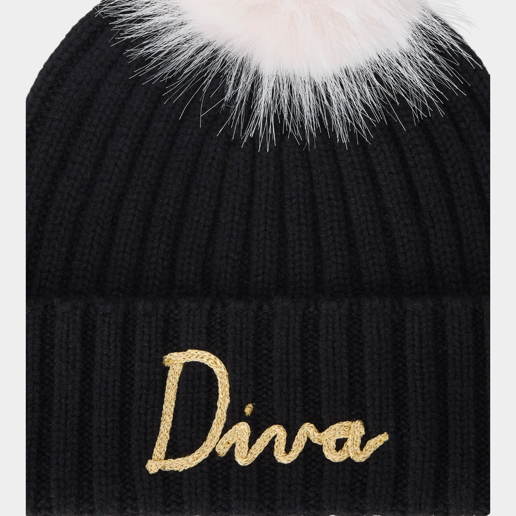 Berretto Follower SRL Wengen nero a costine con ricamo Diva oro e pompon panna removibile per bambina