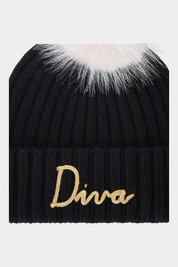 Berretto Follower SRL Wengen nero a costine con ricamo Diva oro e pompon panna removibile per bambina