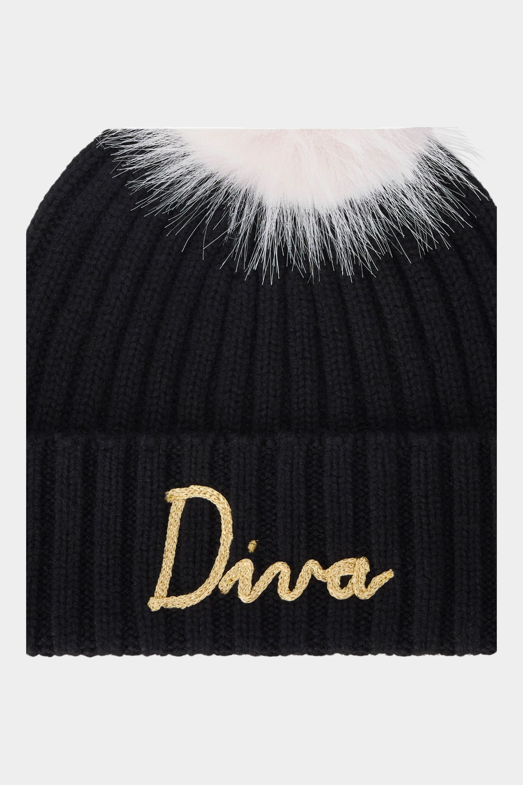 Berretto Follower SRL Wengen nero a costine con ricamo Diva oro e pompon panna removibile per bambina