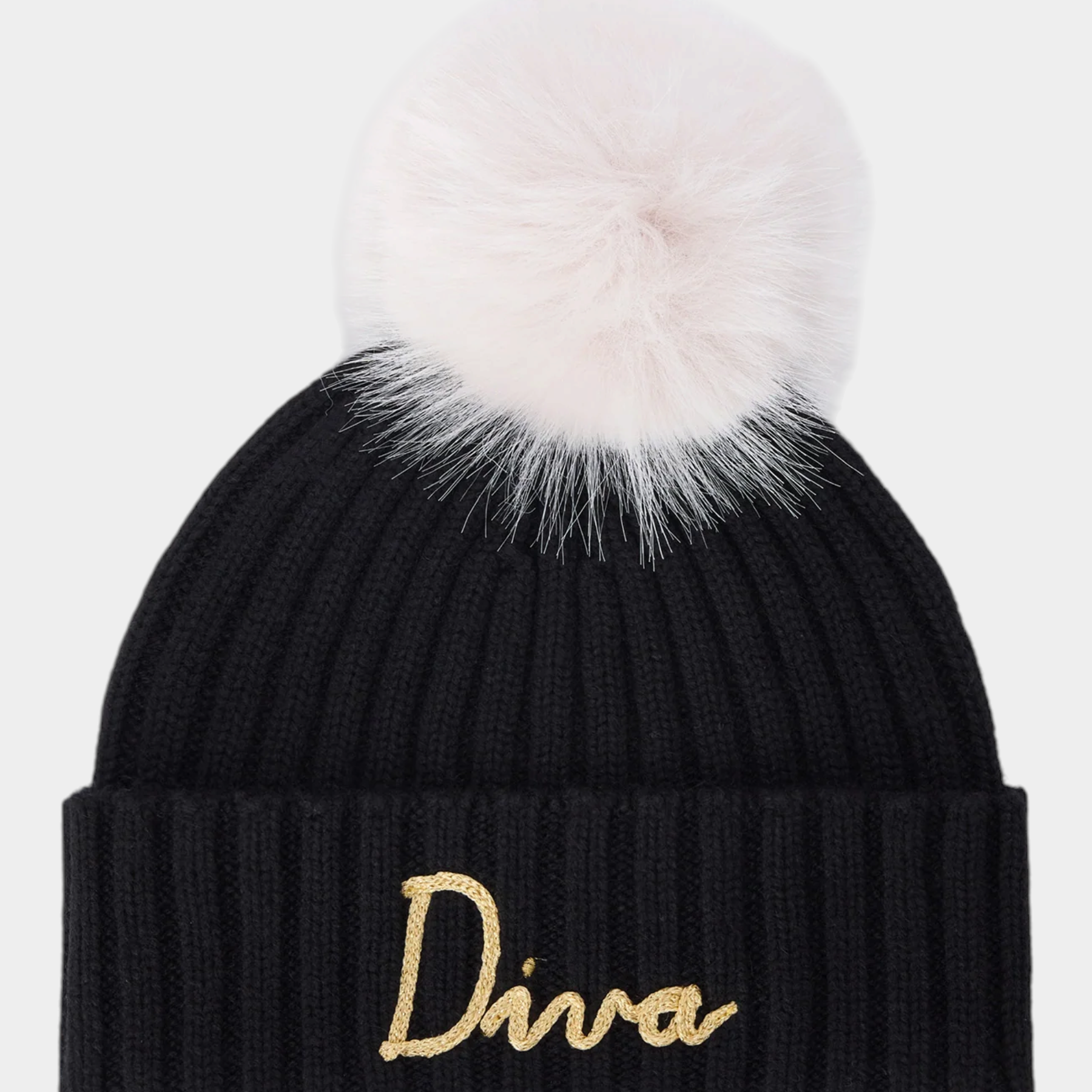 Berretto Follower SRL Wengen nero a costine con ricamo Diva oro e pompon panna removibile per bambina