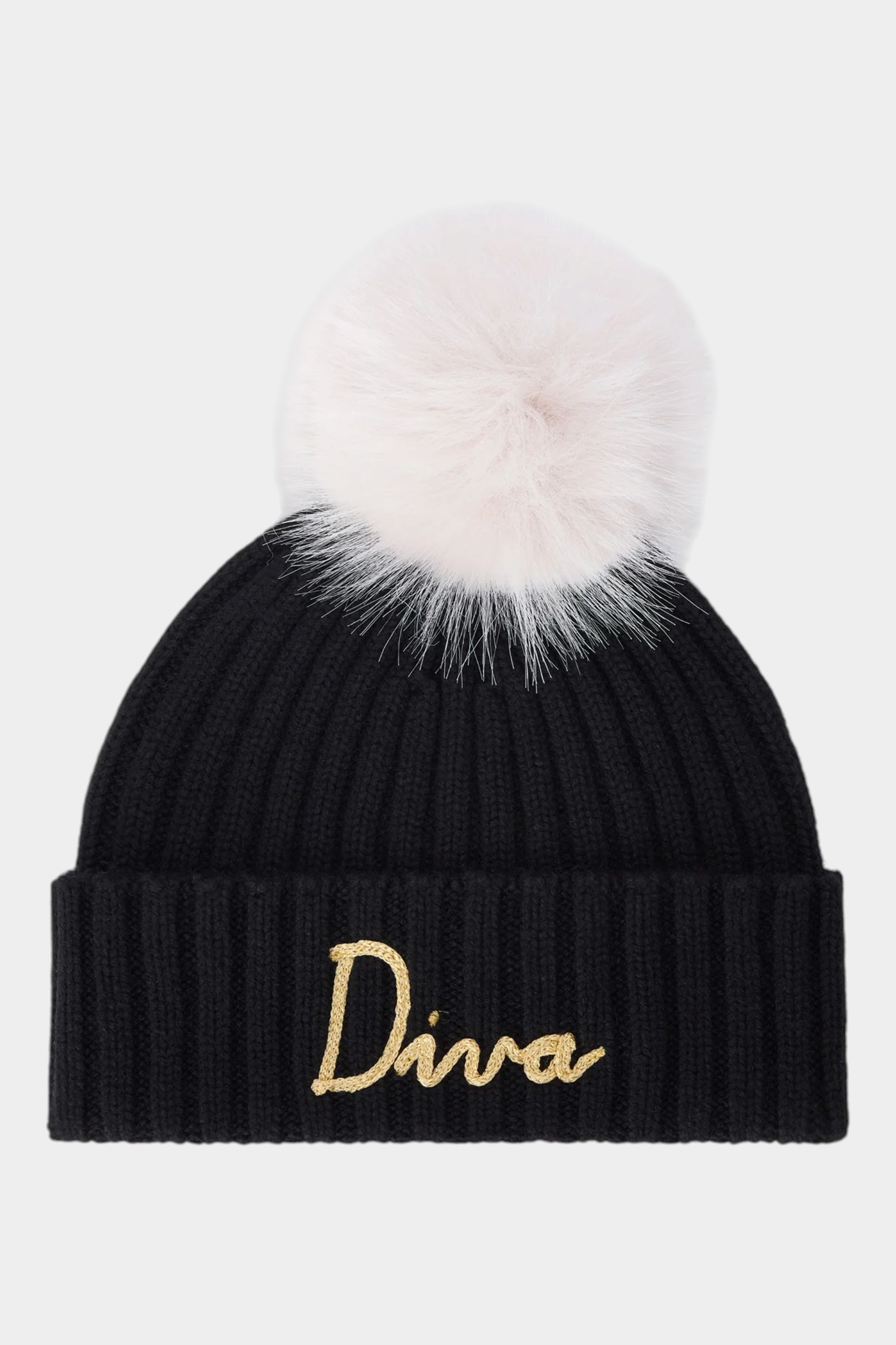 Berretto Follower SRL Wengen nero a costine con ricamo Diva oro e pompon panna removibile per bambina