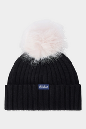 Berretto Follower SRL Wengen nero a costine con risvolto e pompon panna removibile per bambina