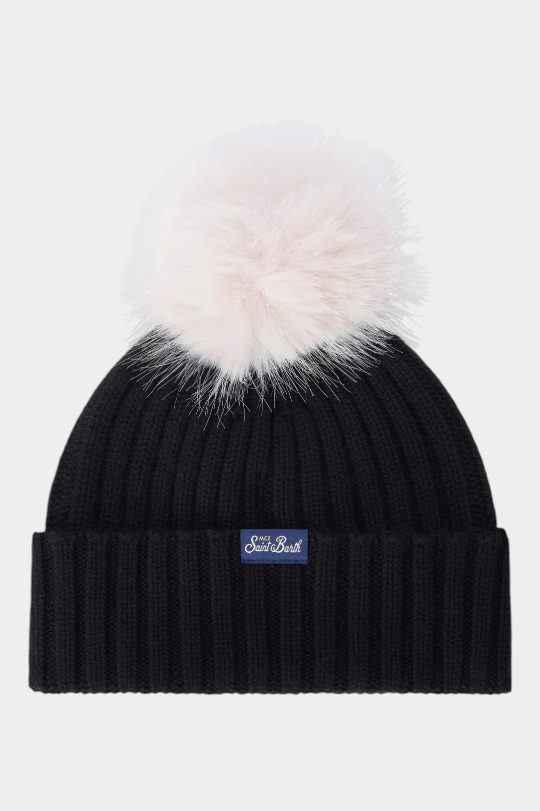 Berretto Follower SRL Wengen nero a costine con risvolto e pompon panna removibile per bambina