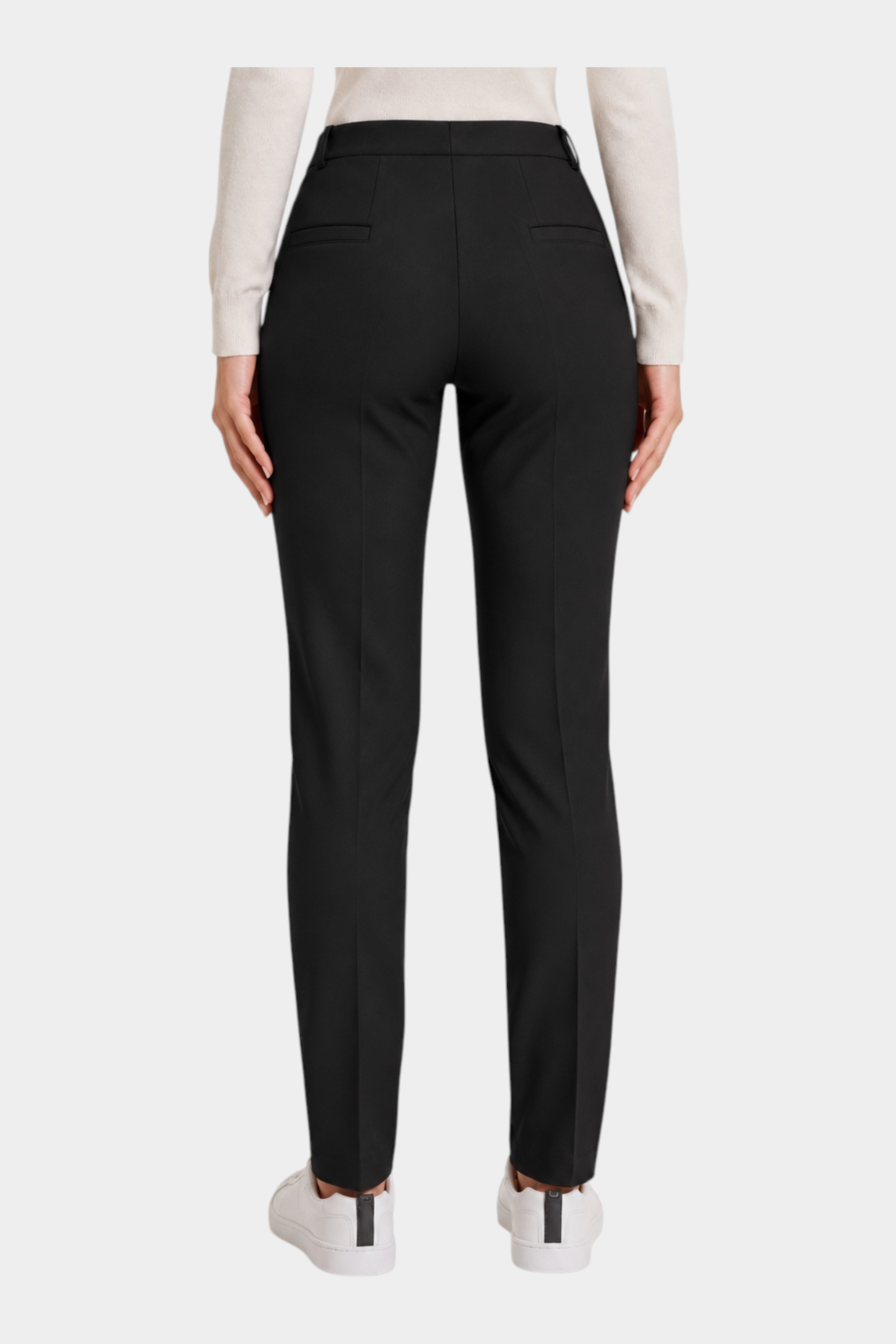 Follower SRL black cigarette trousers with belt loops and back pockets, worn with a white top and sneakers