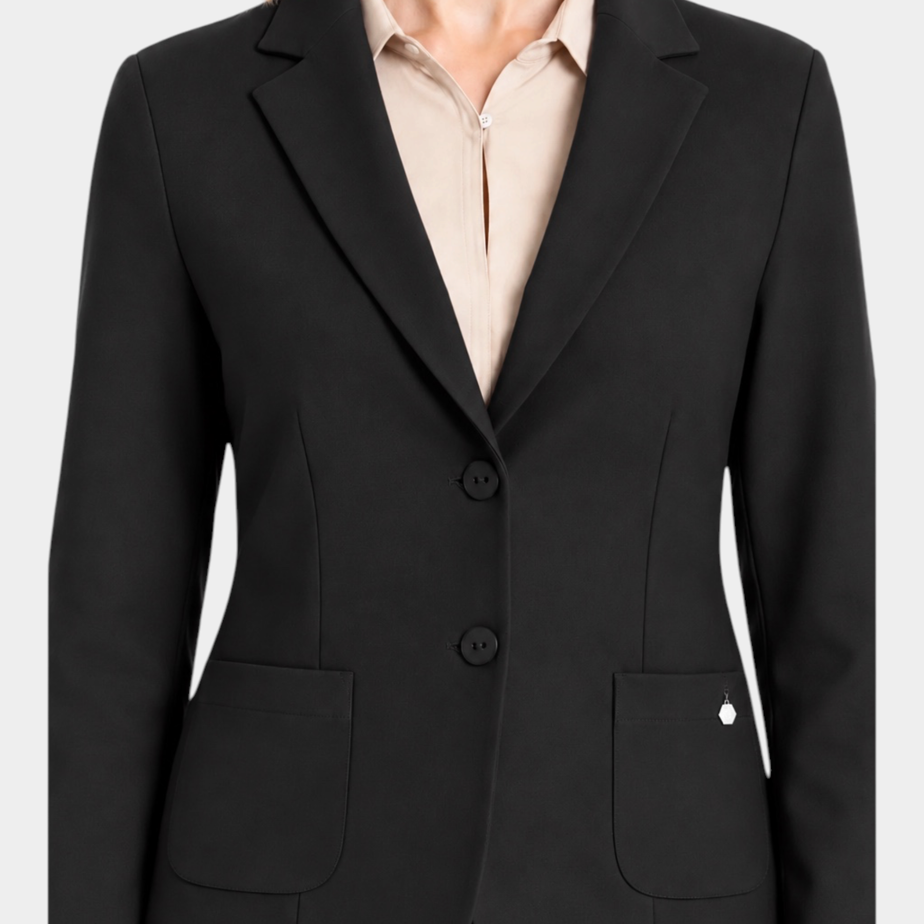 Blazer nero da donna Follower SRL con chiusura a due bottoni, tasche frontali e revers classici