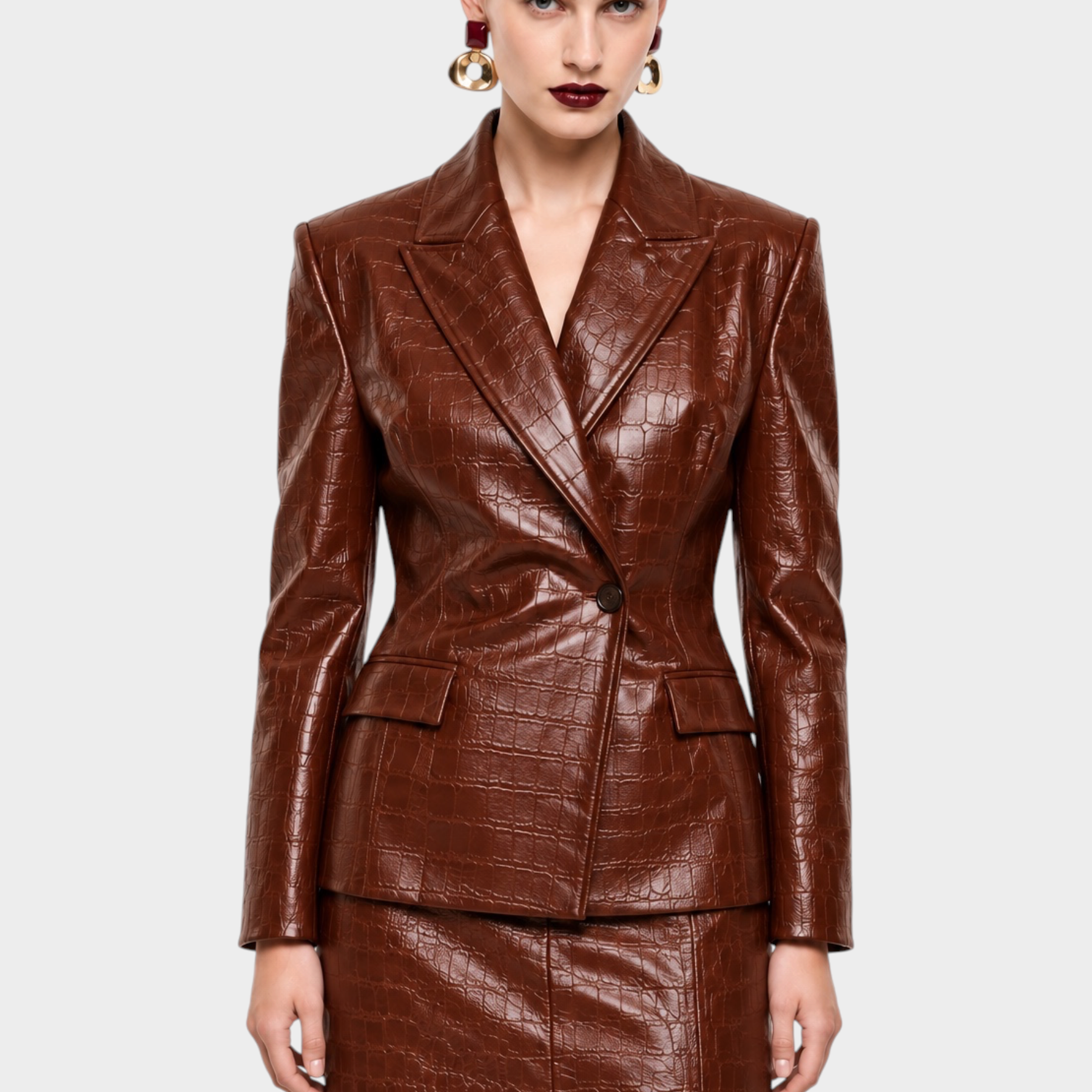 Blazer monopetto Follower SRL in similpelle marrone con stampa effetto coccodrillo e chiusura a un bottone