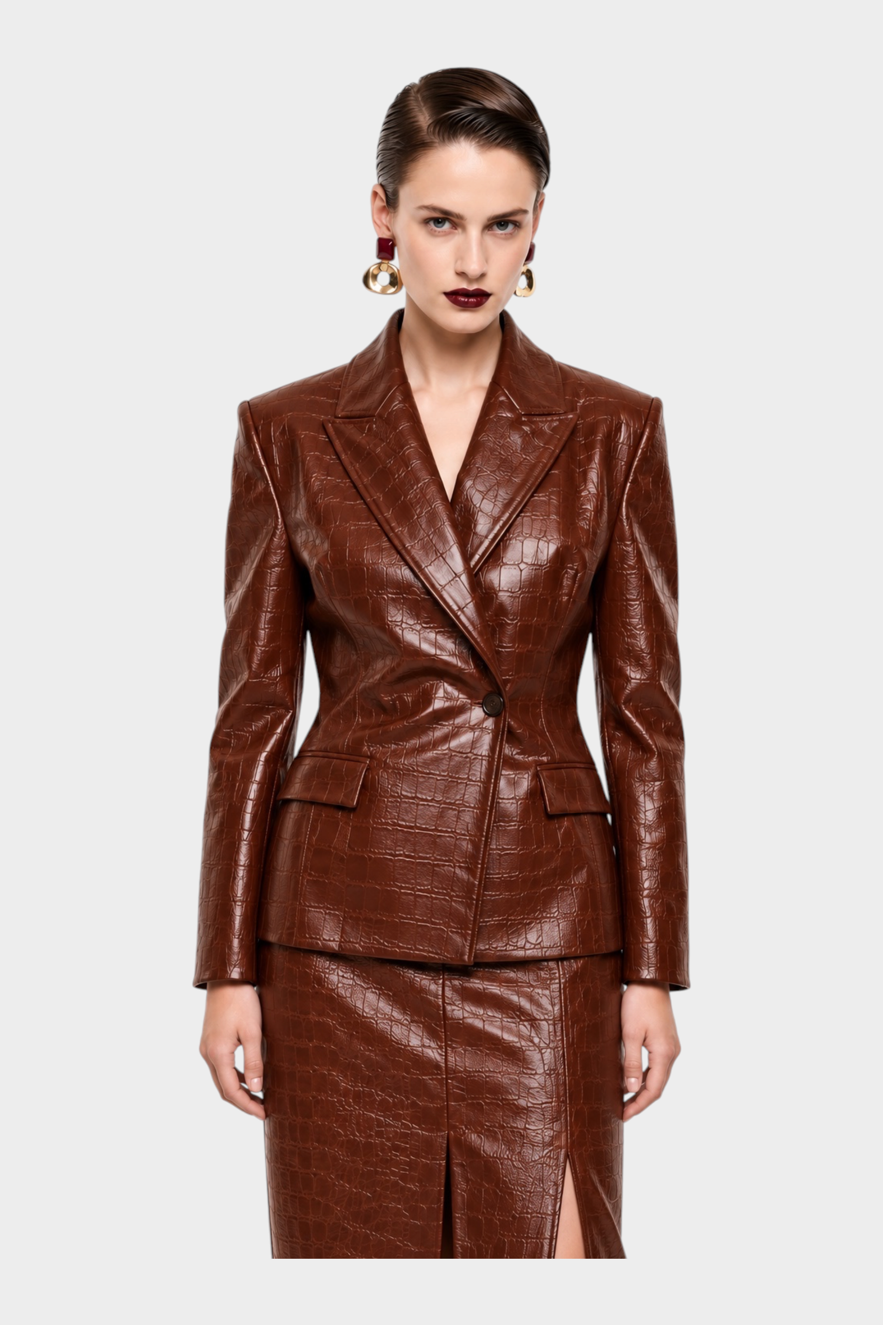 Blazer monopetto Follower SRL in similpelle marrone con stampa effetto coccodrillo e chiusura a un bottone