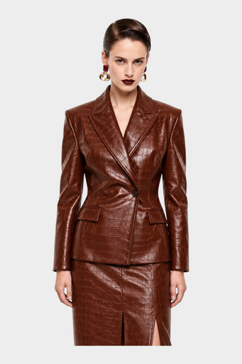 Blazer monopetto Follower SRL in similpelle marrone con stampa effetto coccodrillo e chiusura a un bottone