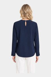 Vista posteriore di una blusa blu Ragno in flanella leggera con girocollo e chiusura a bottone, Follower SRL