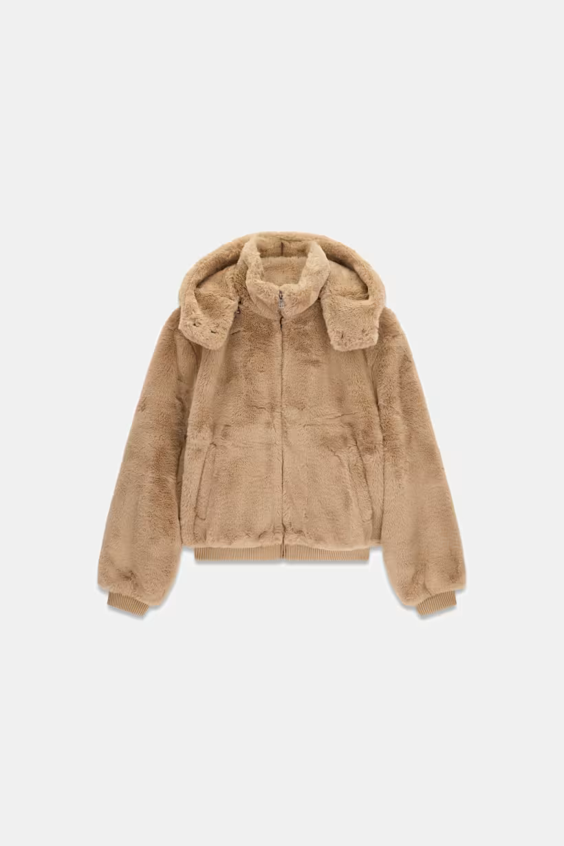 Bomber donna Follower SRL in pelliccia sintetica beige con cappuccio e chiusura a zip