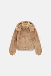 Bomber donna Follower SRL in pelliccia sintetica beige con cappuccio e chiusura a zip