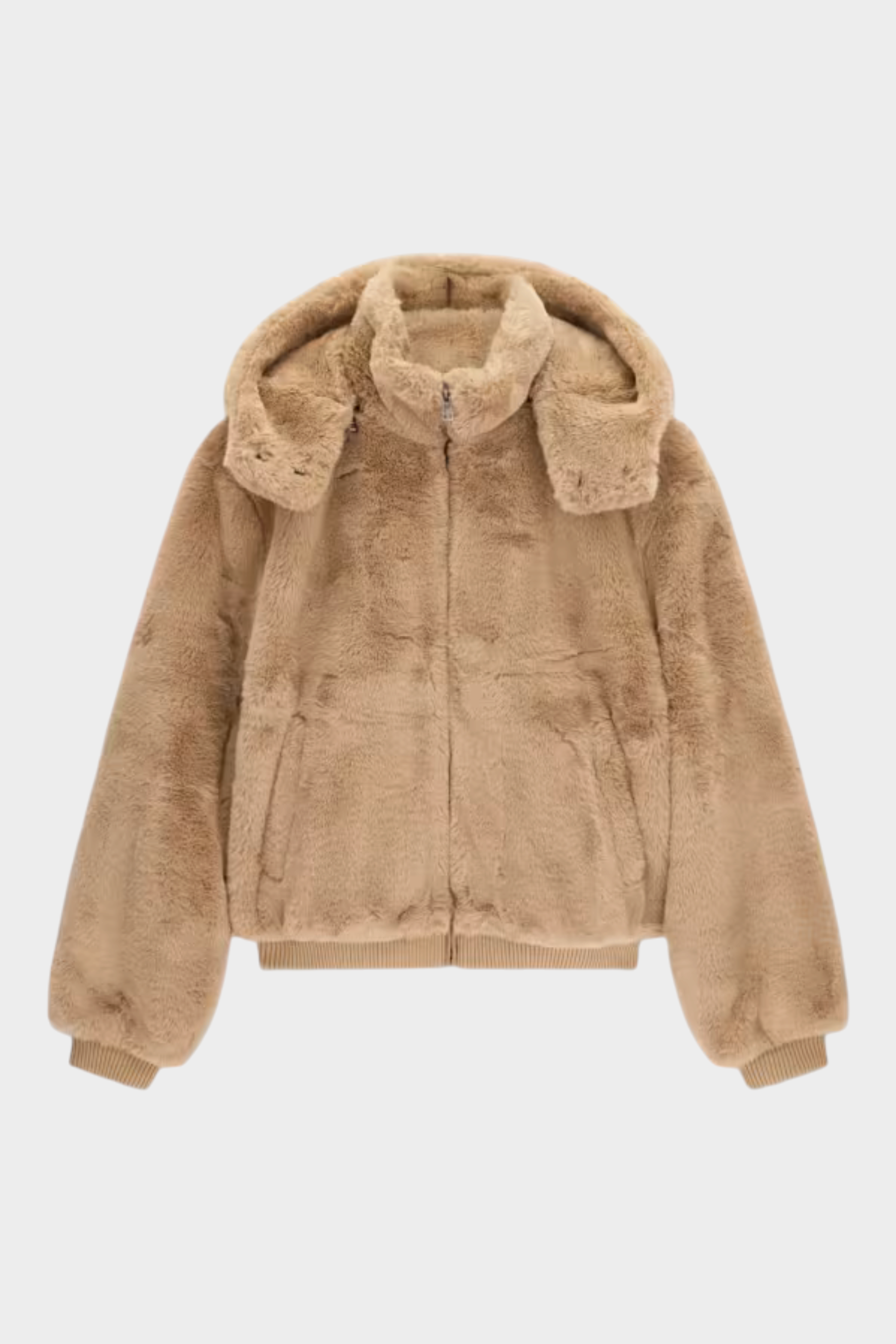 Bomber donna Follower SRL in pelliccia sintetica beige con cappuccio e chiusura a zip