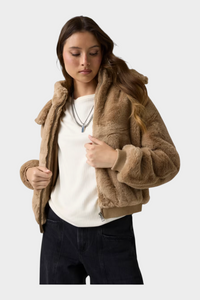 Bomber con cappuccio in pelliccia sintetica Donna Beige GUESS - S
