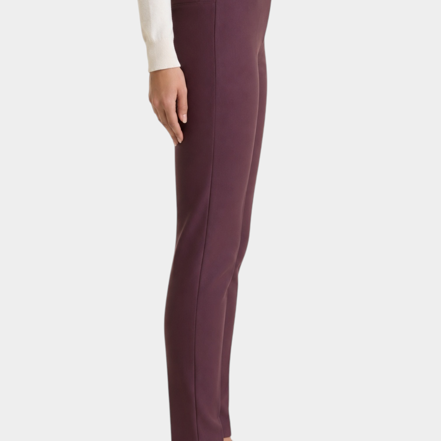 Follower SRL bordeaux cigarette trousers in compact fabric with belt loops, side view on model with white sneakers