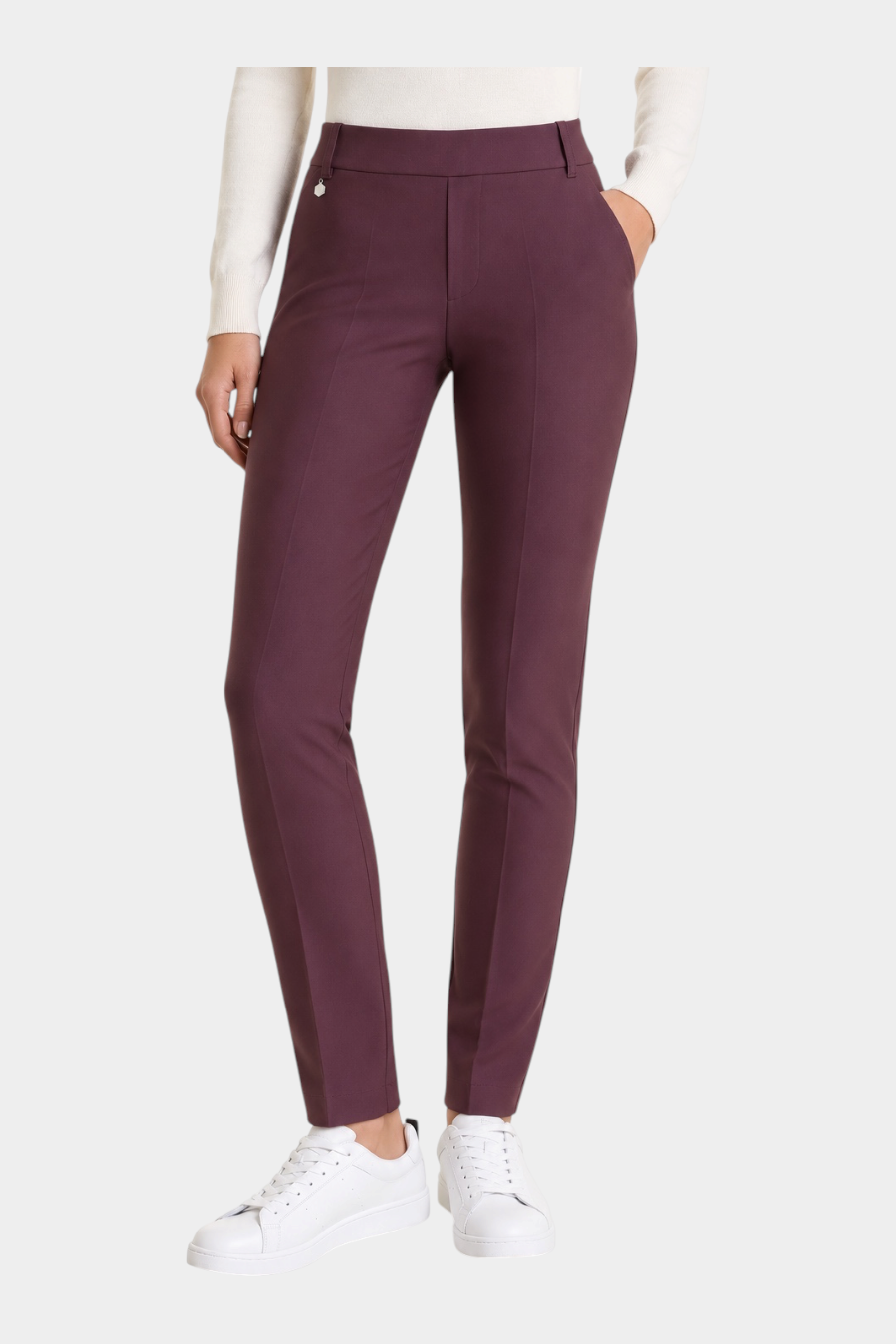 Follower SRL bordeaux cigarette trousers with belt loops and side pockets worn with a white top and sneakers