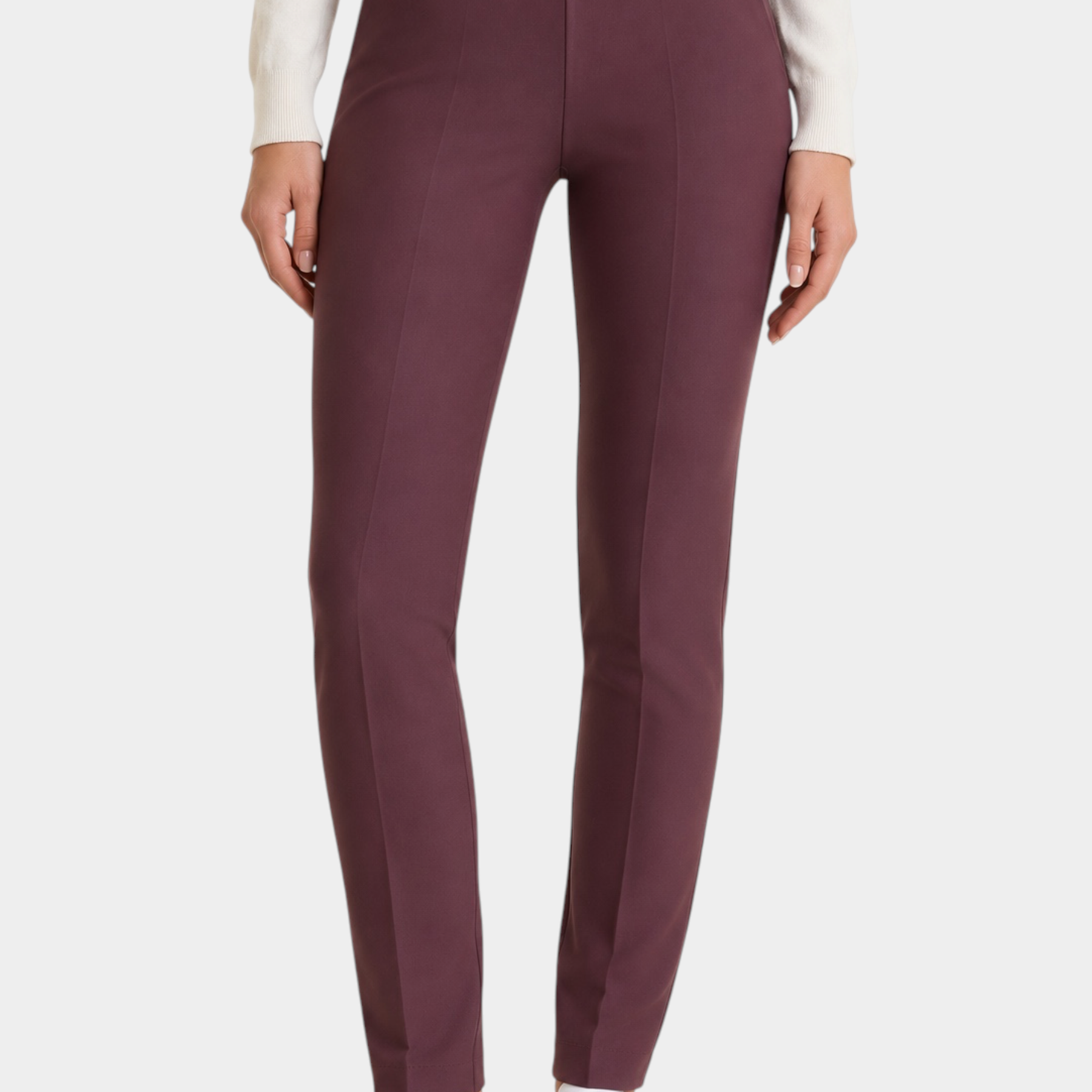 Follower SRL bordeaux cigarette trousers with belt loops and a slim fit, worn with white sneakers.