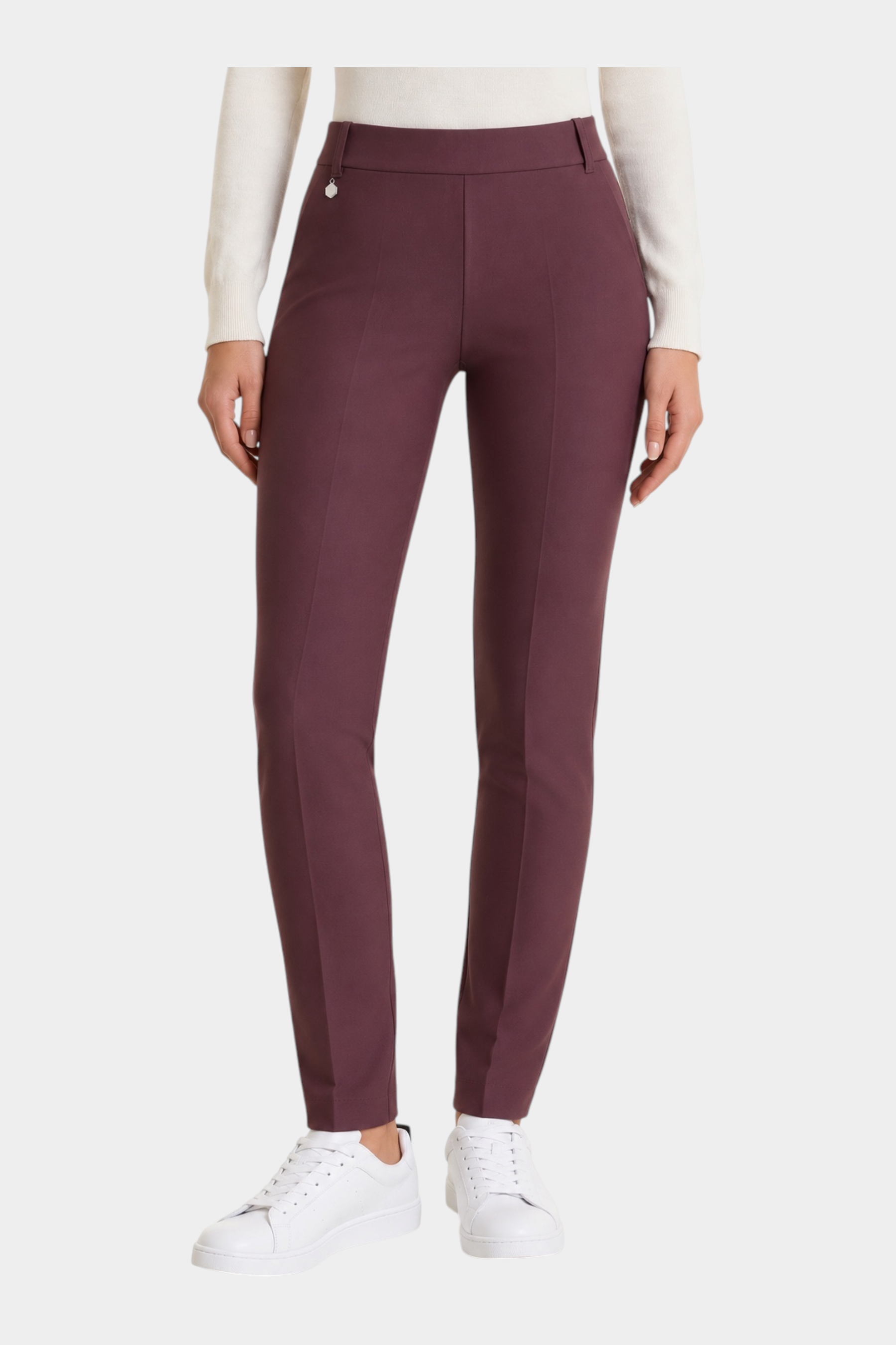 Follower SRL bordeaux cigarette trousers with belt loops and a slim fit, worn with white sneakers.