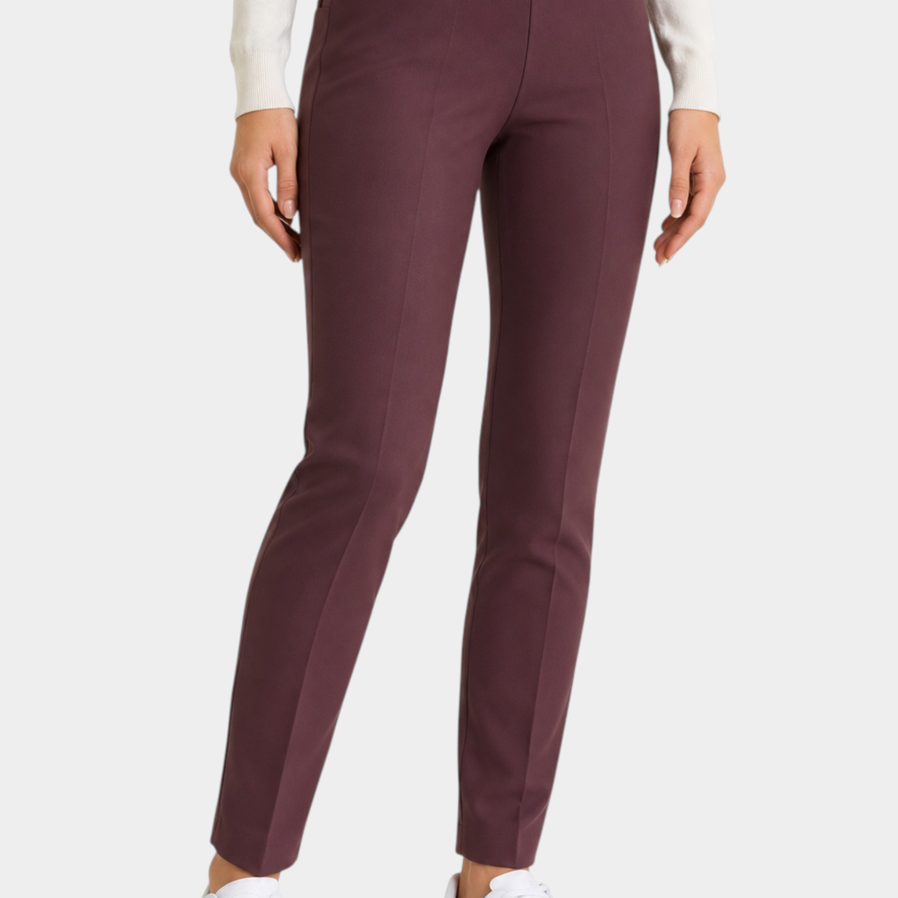 Follower SRL bordeaux cigarette trousers with belt loops and clean tailored fit worn by a woman