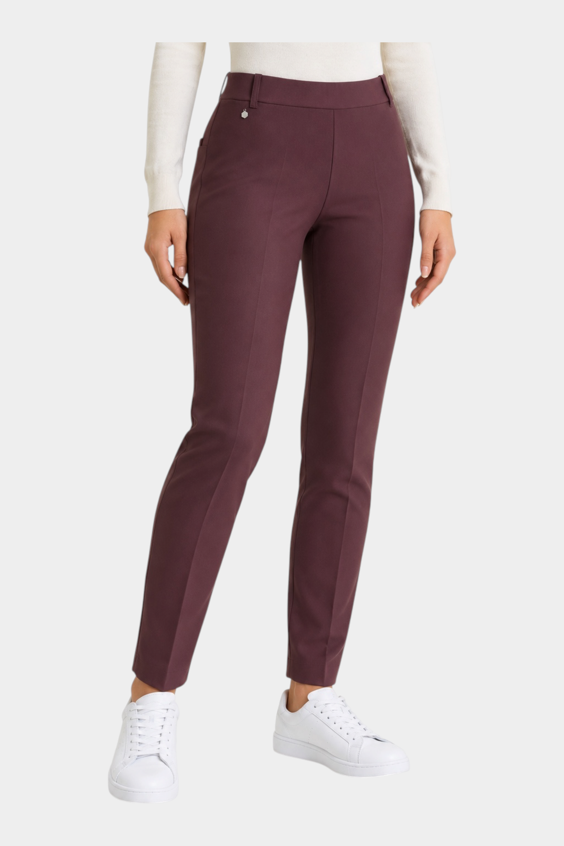 Follower SRL bordeaux cigarette trousers with belt loops and clean tailored fit worn by a woman