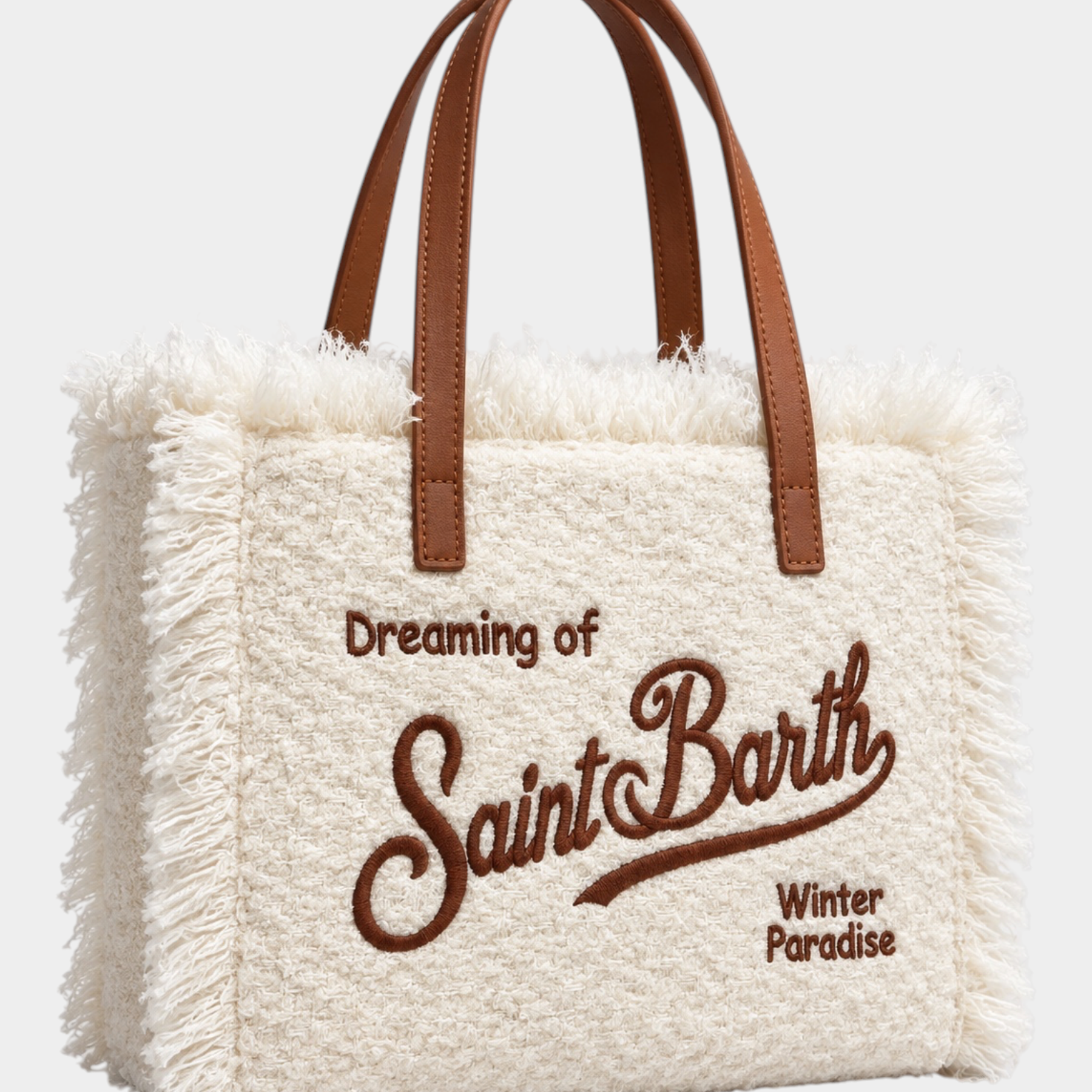 Borsa a mano Follower SRL Colette in tessuto bouclé avorio con frange, manici marroni e ricamo Saint Barth