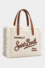 Borsa a mano Follower SRL Colette in tessuto bouclé avorio con frange, manici marroni e ricamo Saint Barth