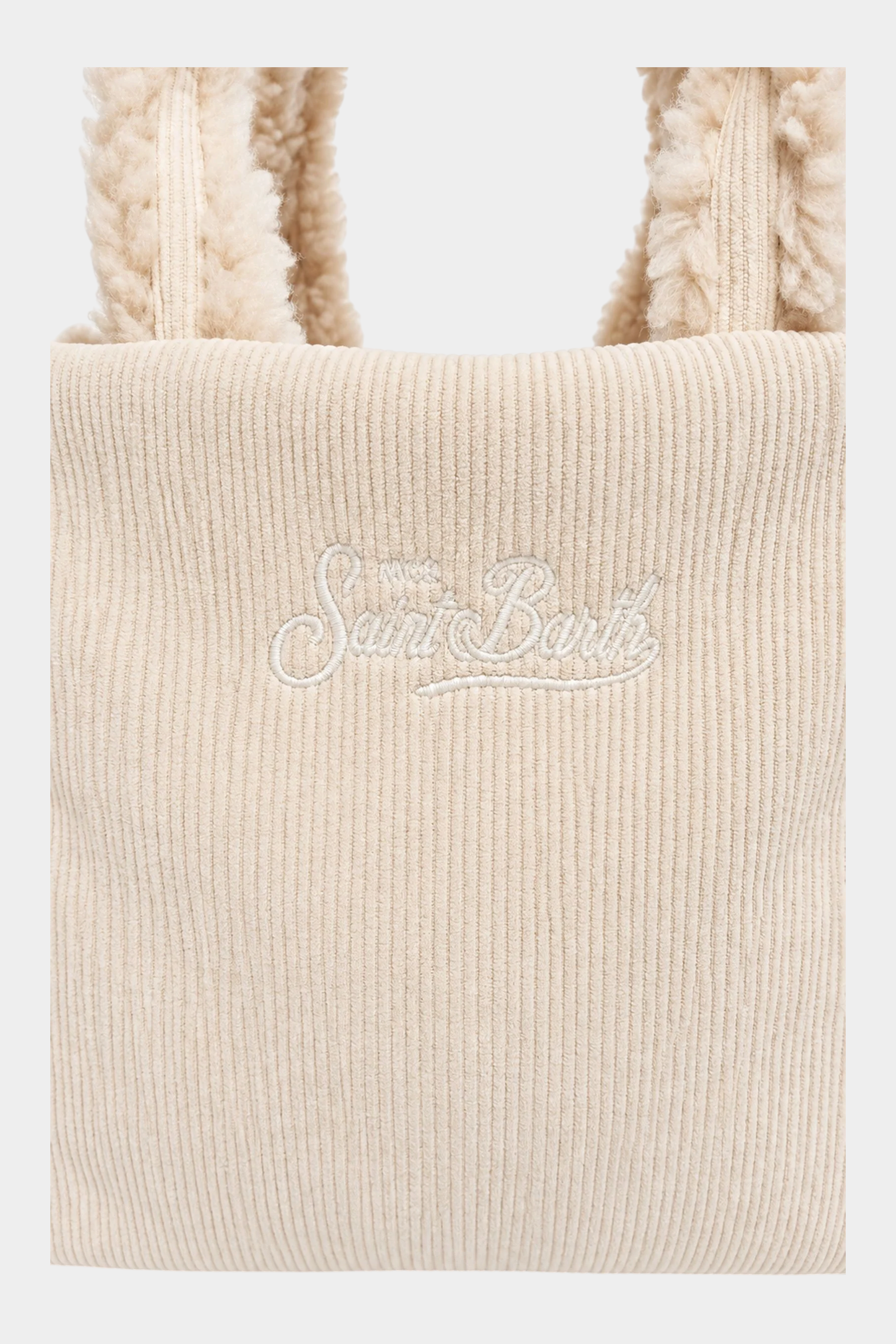 Borsa a mano Follower SRL Colette in velluto a coste avorio con manici effetto shearling e logo ricamato