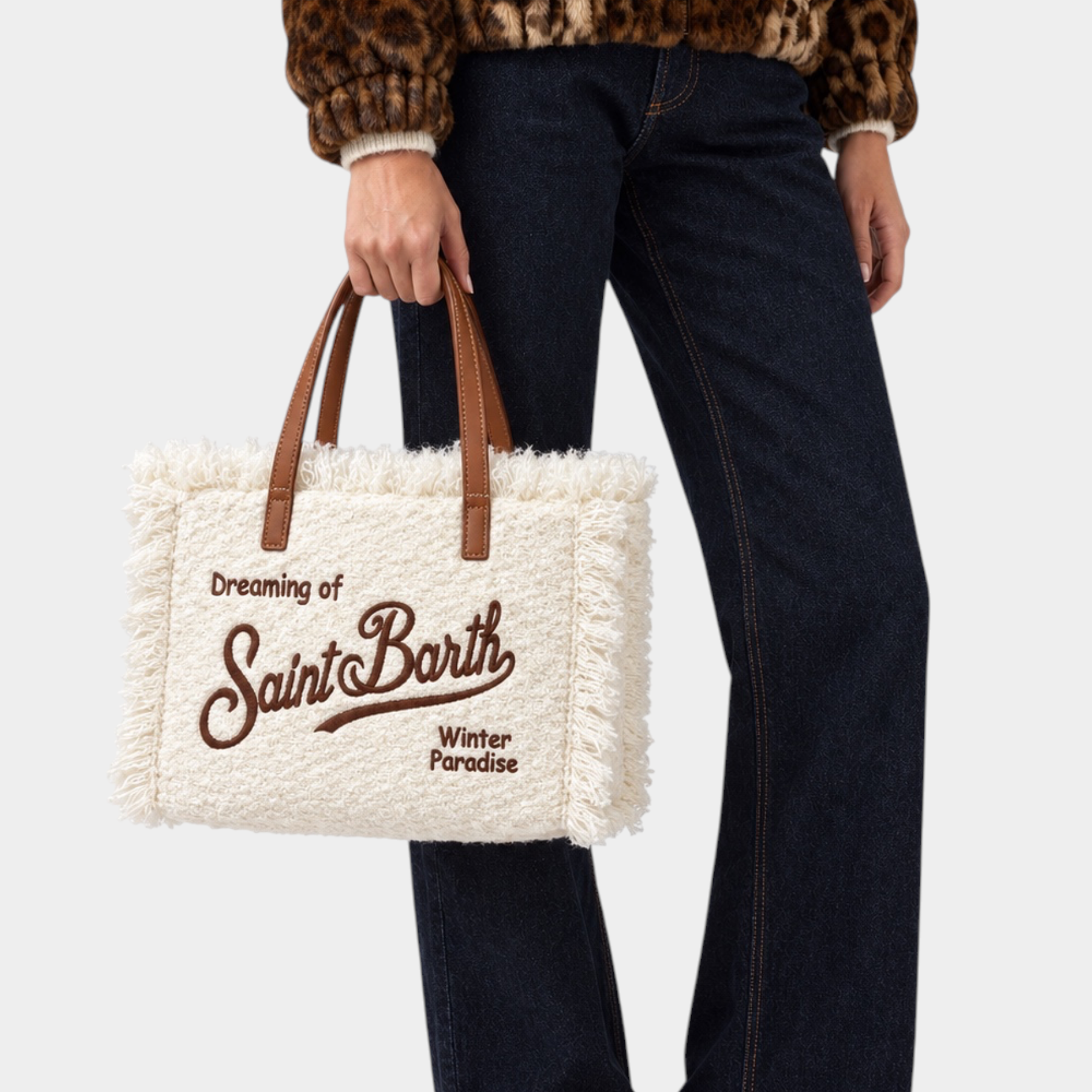 Borsa a mano Follower SRL Colette in tessuto bianco effetto lana con ricamo marrone e manici in pelle