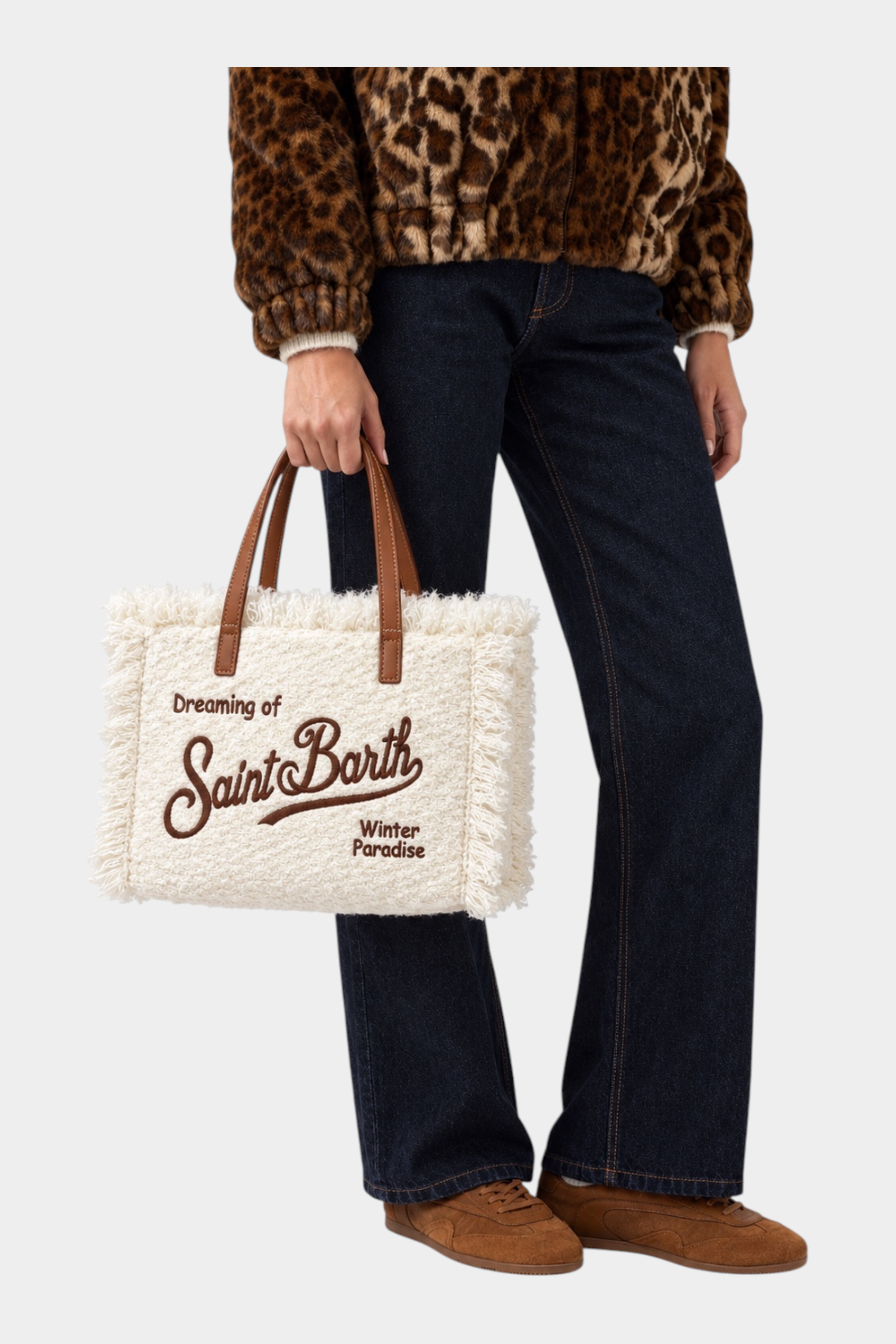 Borsa a mano Follower SRL Colette in tessuto bianco effetto lana con ricamo marrone e manici in pelle
