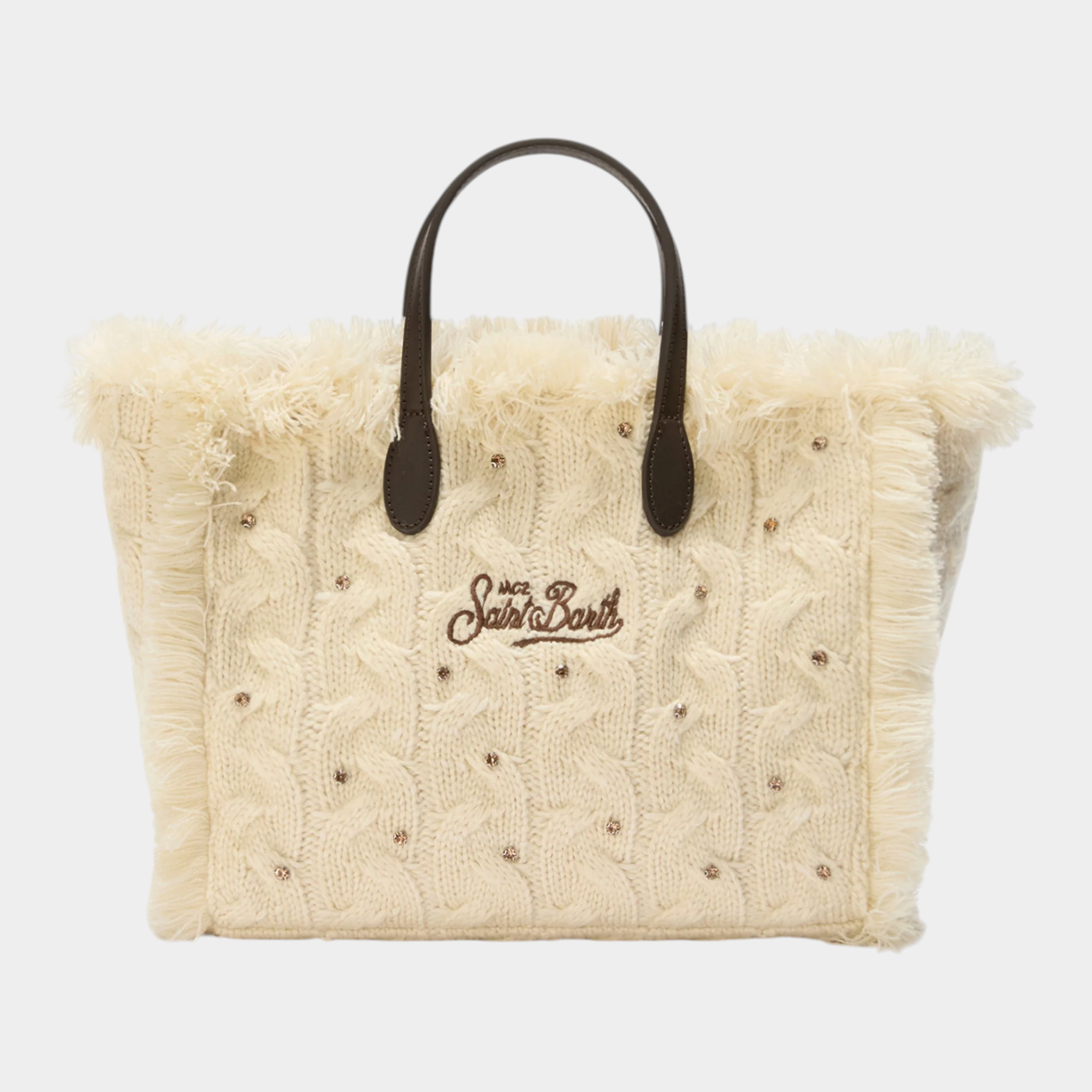Borsa Follower SRL Colette in lana avorio con lavorazione a trecce, dettagli in strass e manici a contrasto