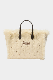 Borsa Follower SRL Colette in lana avorio con lavorazione a trecce, dettagli in strass e manici a contrasto