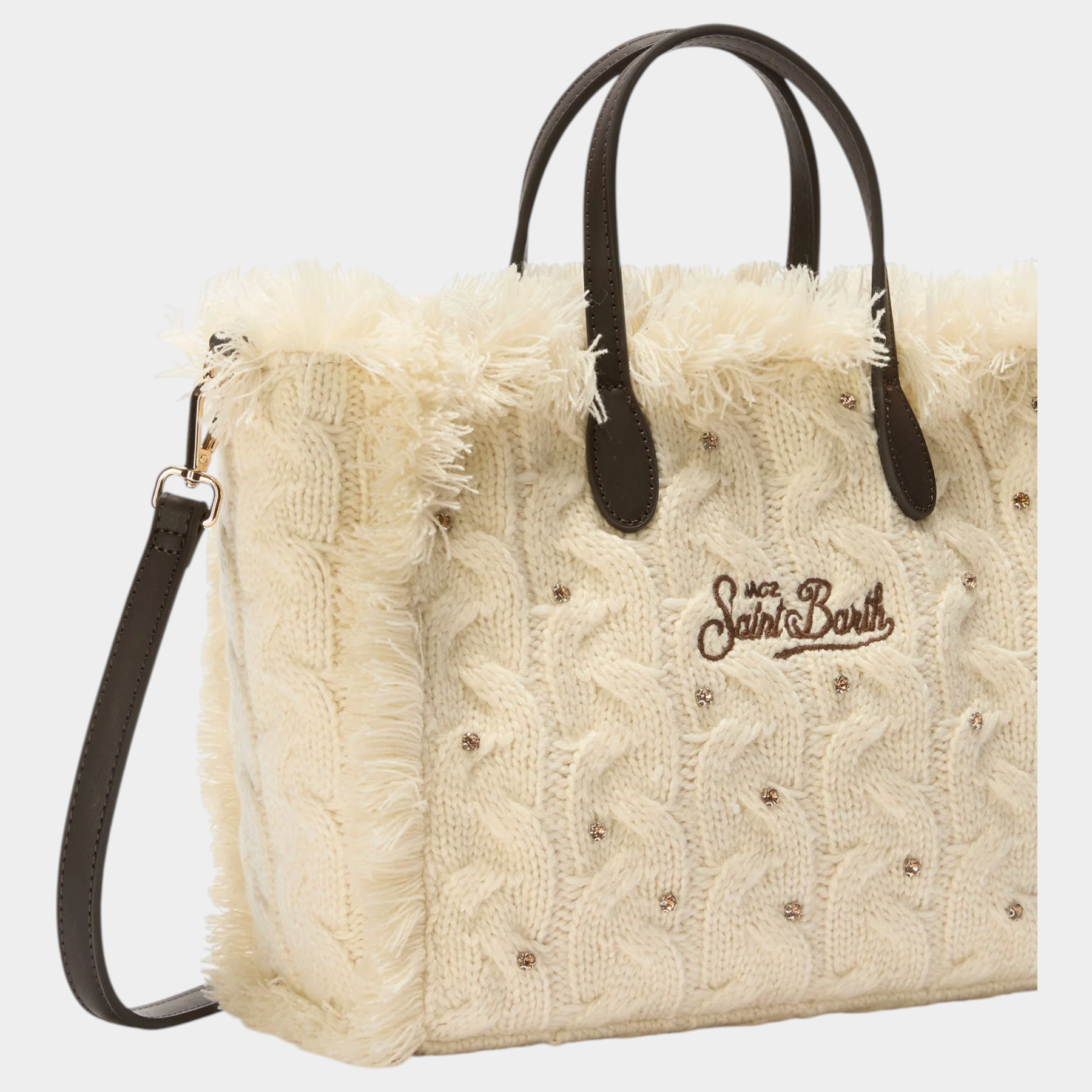 Borsa Follower SRL Colette Wool Braid avorio in maglia intrecciata con strass, manici e tracolla marroni