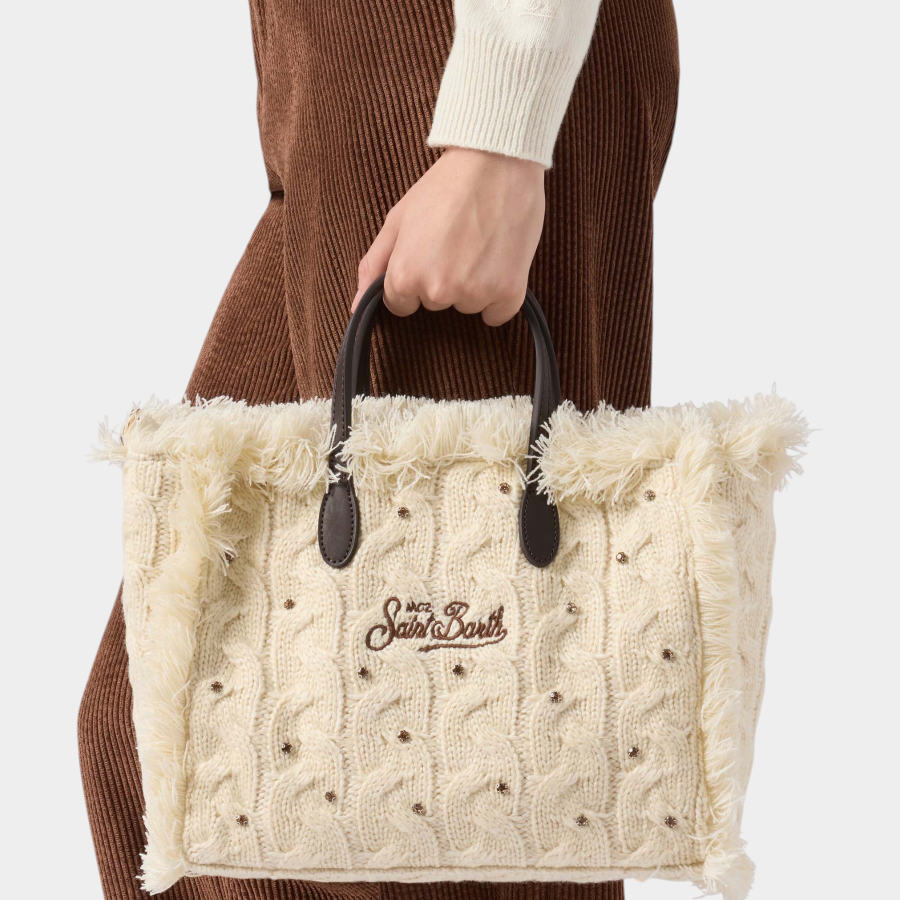 Borsa Follower SRL Colette in lana avorio con lavorazione a trecce, dettagli strass, frange e logo MC2 Saint Barth