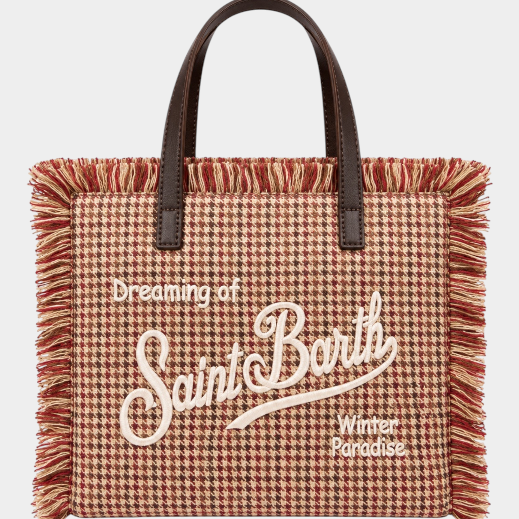 Borsa Follower SRL Colette in lana beige con motivo pied de poule, frange decorative e ricamo Saint Barth frontale