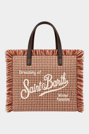 Borsa Follower SRL Colette in lana beige con motivo pied de poule, frange decorative e ricamo Saint Barth frontale