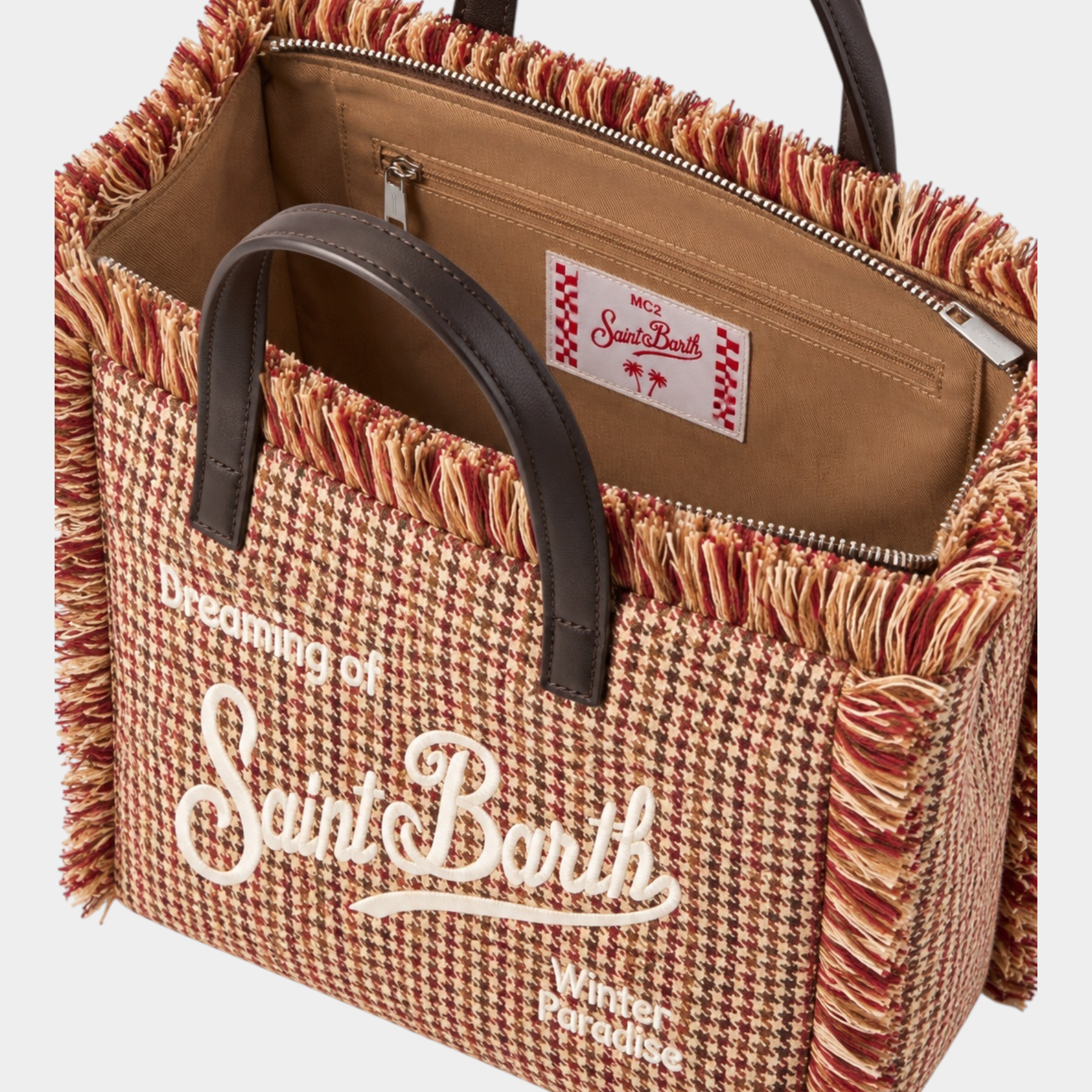 Borsa Follower SRL Colette beige in lana con motivo pied de poule, dettagli sfrangiati e ricamo Saint Barth frontale