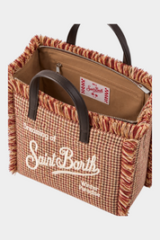 Borsa Follower SRL Colette beige in lana con motivo pied de poule, dettagli sfrangiati e ricamo Saint Barth frontale