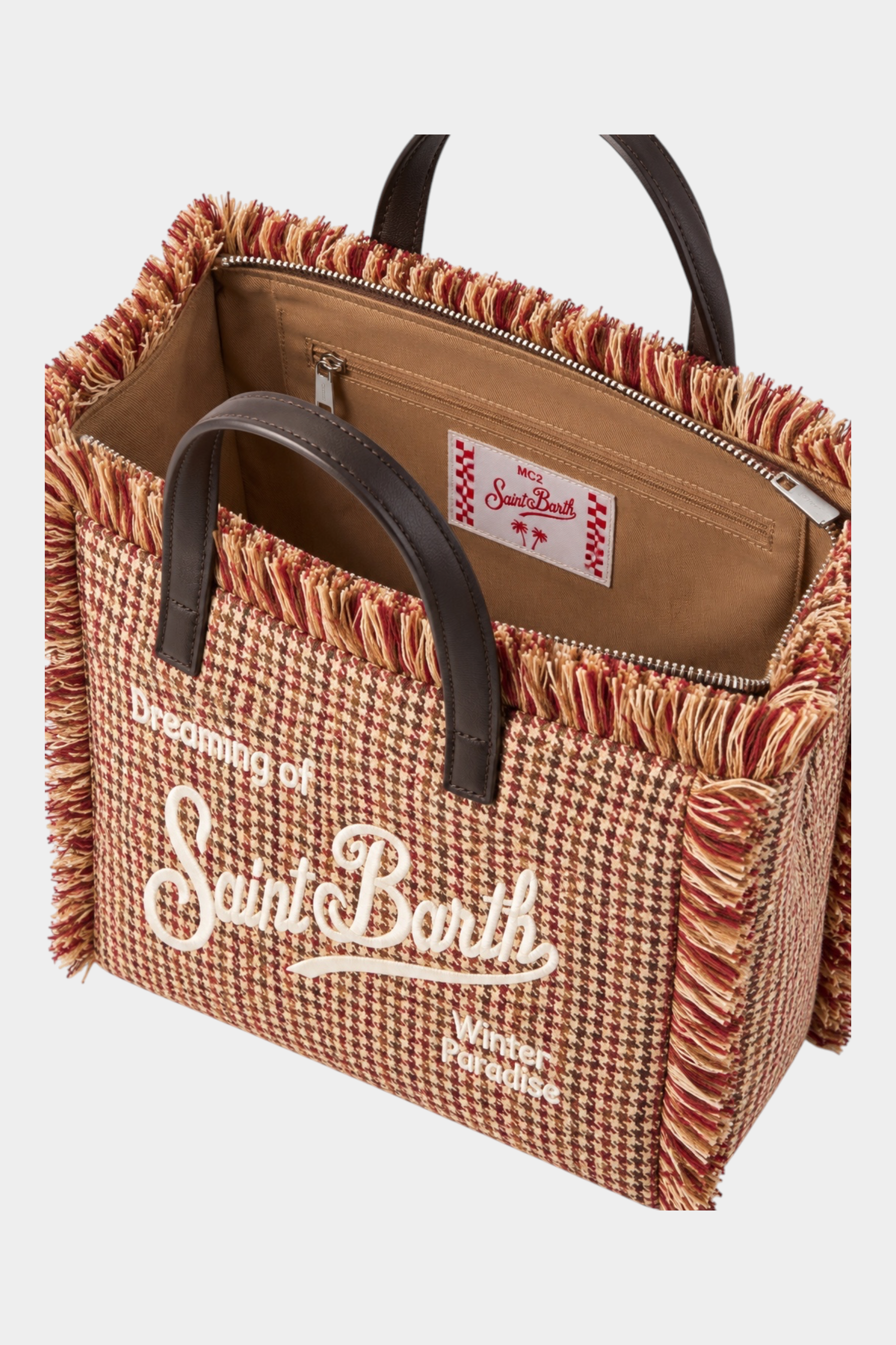 Borsa Follower SRL Colette beige in lana con motivo pied de poule, dettagli sfrangiati e ricamo Saint Barth frontale