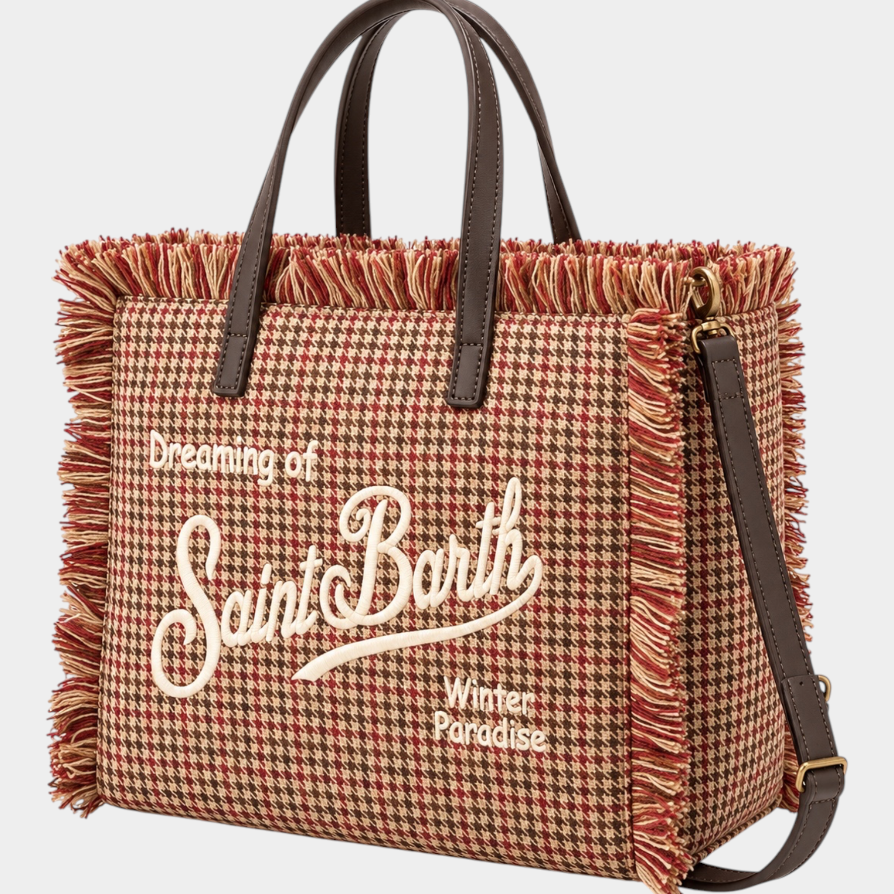 Borsa Follower SRL Colette beige in lana con motivo pied de poule, ricamo Saint Barth e dettagli sfrangiati