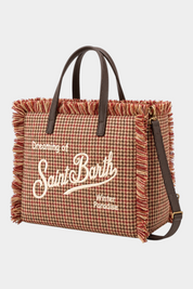 Borsa Follower SRL Colette beige in lana con motivo pied de poule, ricamo Saint Barth e dettagli sfrangiati