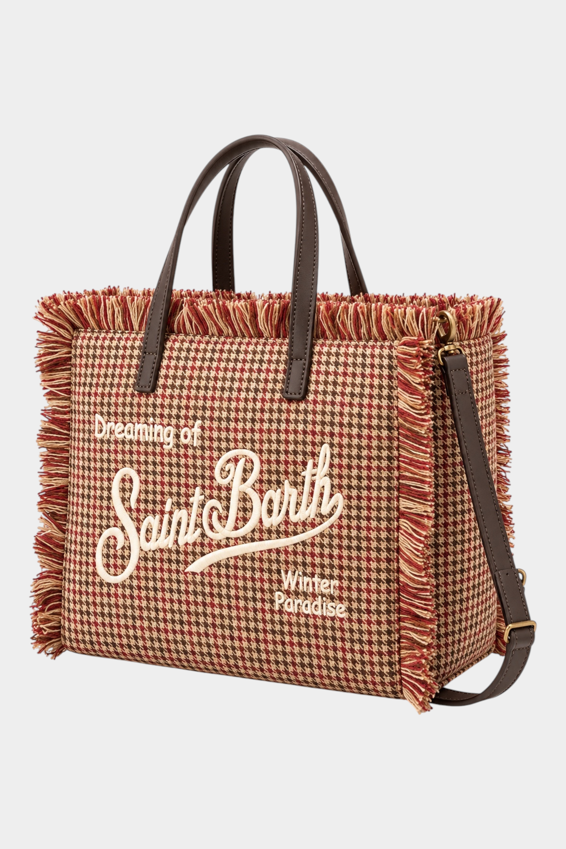 Borsa Follower SRL Colette beige in lana con motivo pied de poule, ricamo Saint Barth e dettagli sfrangiati
