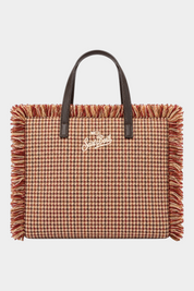 Borsa Follower SRL MC2 SAINT BARTH Colette beige in lana con motivo pied de poule, frange laterali e logo ricamato