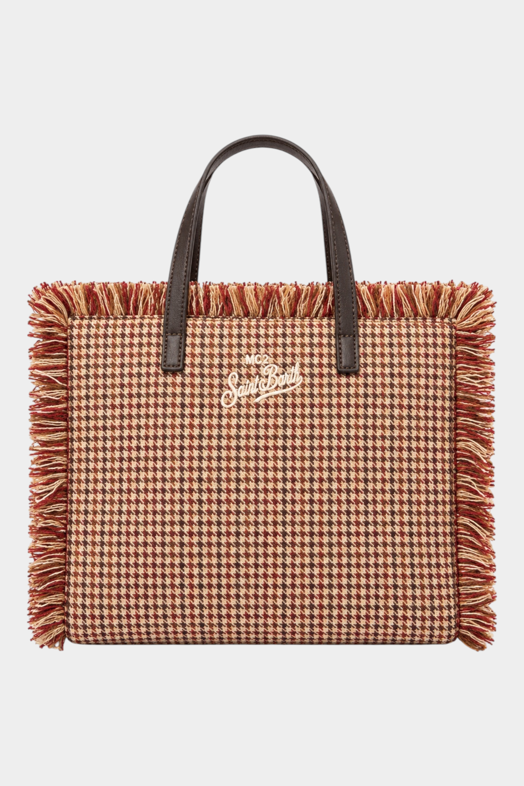Borsa Follower SRL MC2 SAINT BARTH Colette beige in lana con motivo pied de poule, frange laterali e logo ricamato