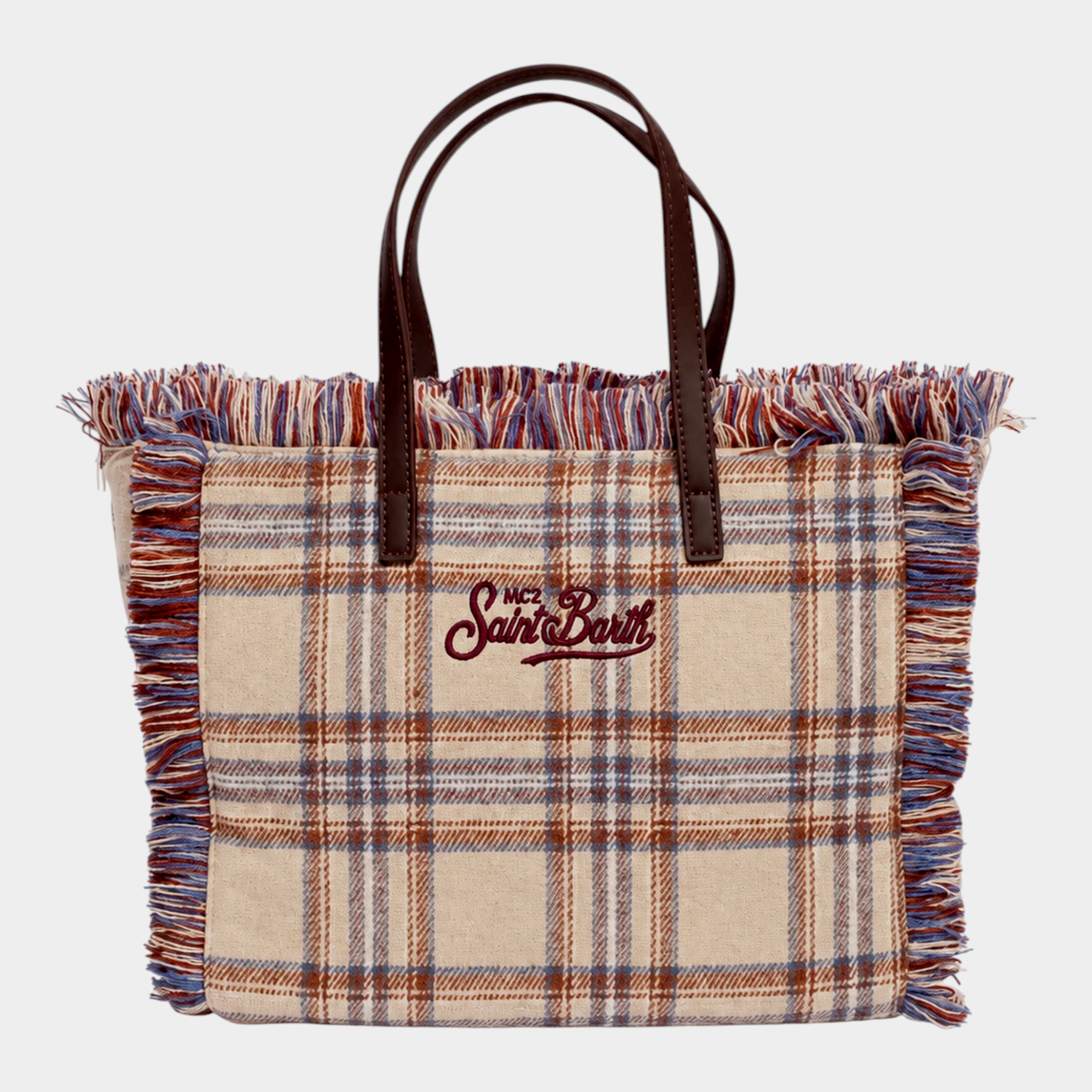 Borsa Follower SRL Colette in lana beige con motivo tartan, frange laterali e logo Saint Barth ricamato