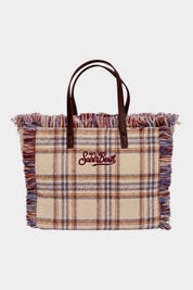 Borsa Follower SRL Colette in lana beige con motivo tartan, frange laterali e logo Saint Barth ricamato