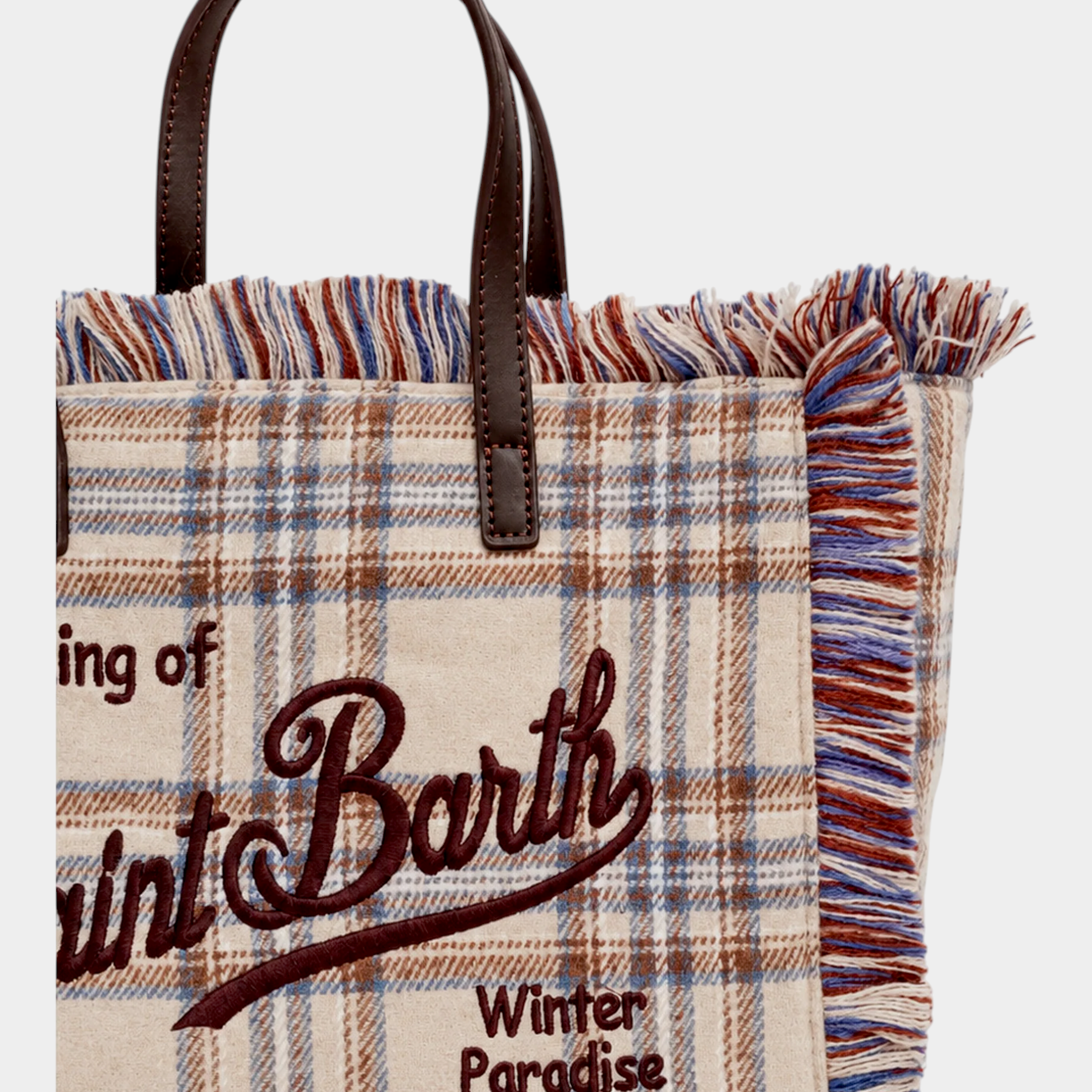 Borsa Follower SRL Colette in lana beige con motivo tartan, dettagli sfrangiati e ricamo Saint Barth marrone