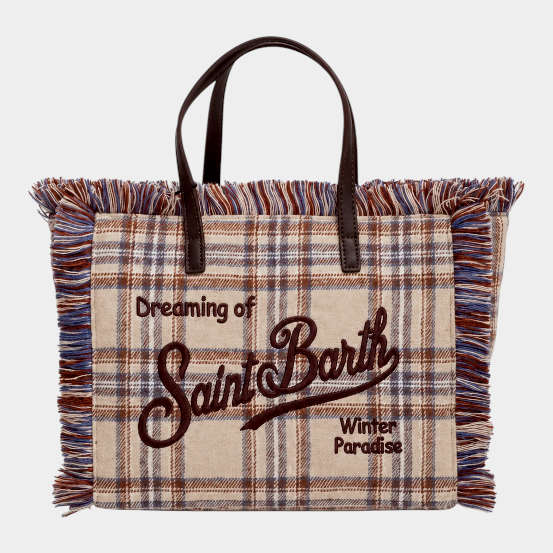 Borsa Colette Follower SRL in lana beige con motivo tartan, frange decorative e ricamo Saint Barth marrone