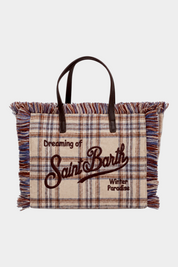 Borsa Colette Follower SRL in lana beige con motivo tartan, frange decorative e ricamo Saint Barth marrone