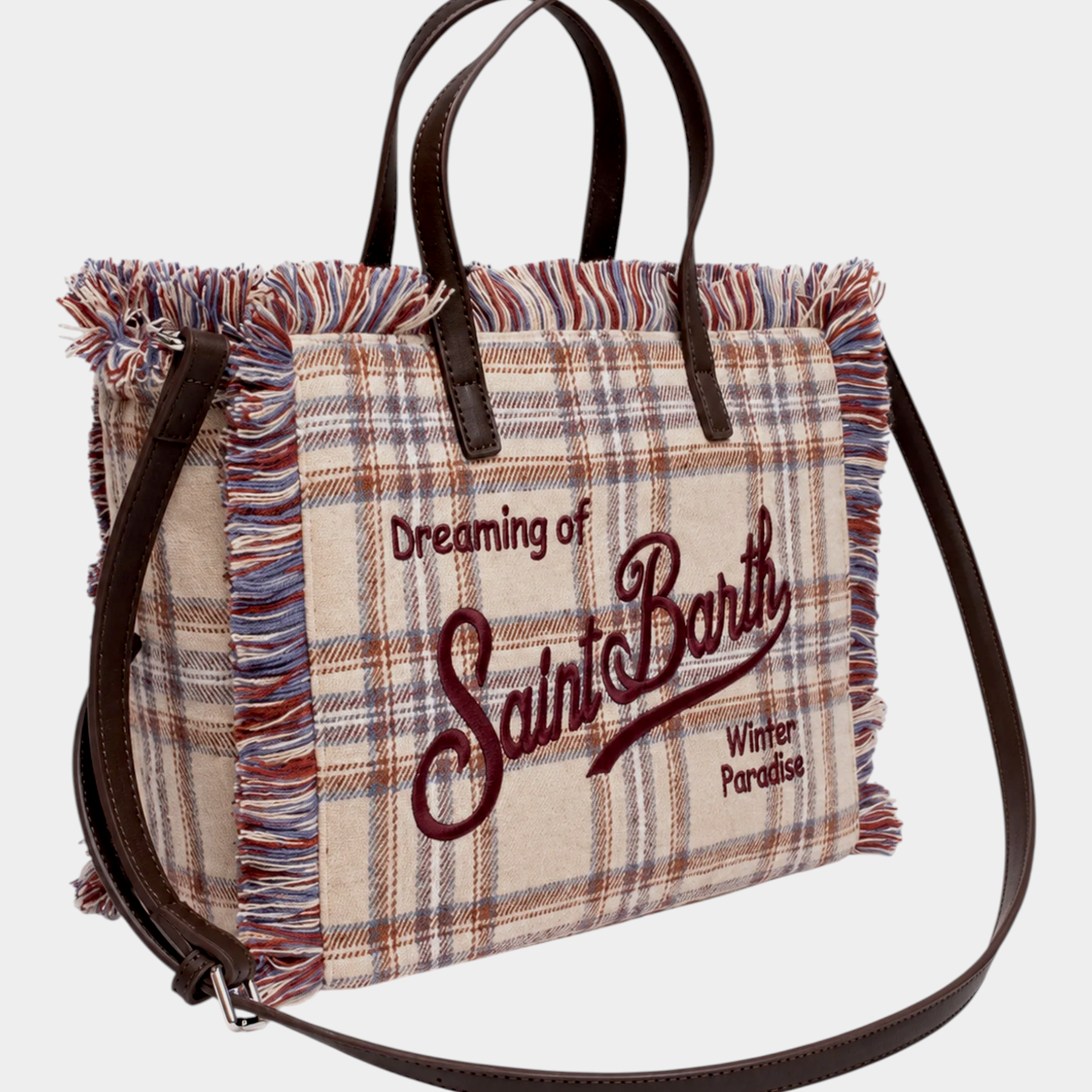 Borsa Colette Follower SRL in lana beige con motivo tartan, frange decorative e ricamo Saint Barth marrone