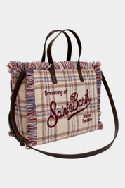 Borsa Colette Follower SRL in lana beige con motivo tartan, frange decorative e ricamo Saint Barth marrone